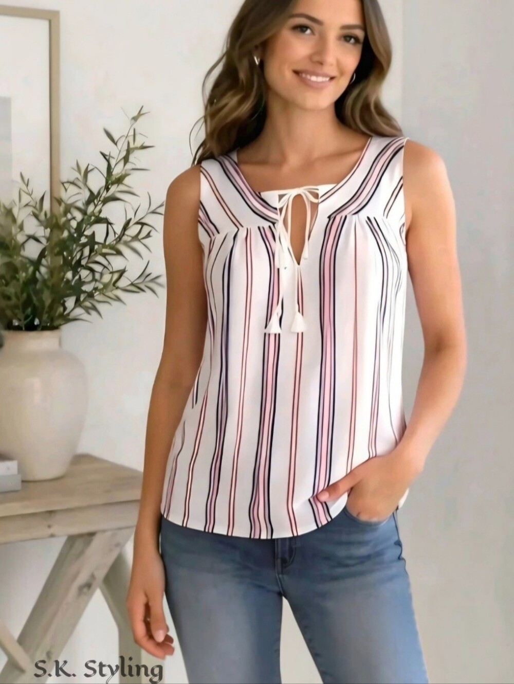 Seven7 Womens Large Sleeveless Tasseled Beachy Cotton Top White Red Blue Striped